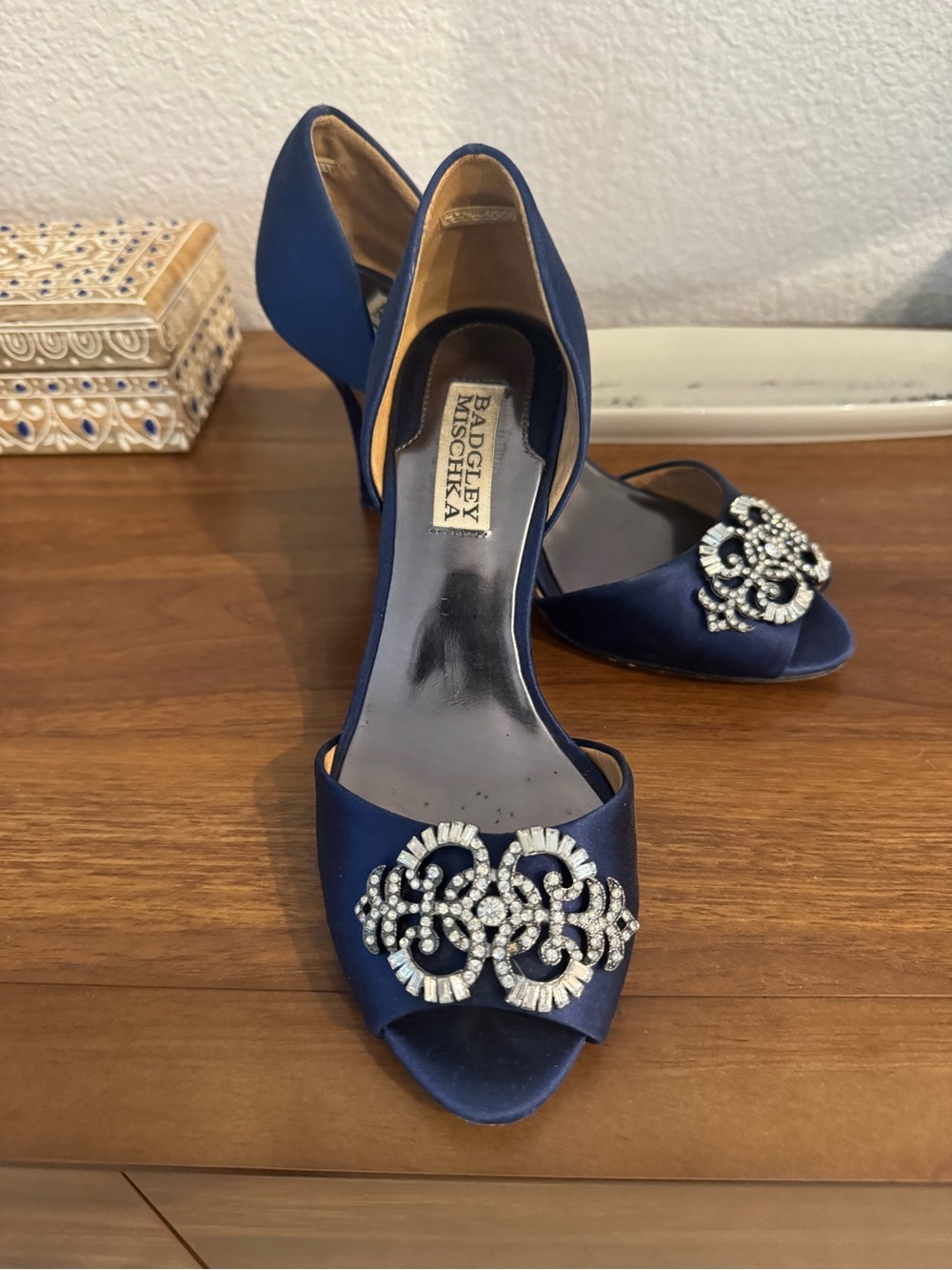 Badgley Mischka Navy Satin Crystal-Embellished Peep-Toe Heels